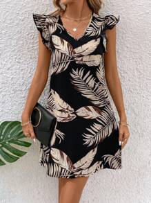 SHEIN LUNE 葉子印花v領洋裝,襞邊裝飾 - 彩色 - 查看 5