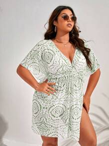 SHEIN Clasi Plus Size Women's Tie-Dye Waist-Cinched Cover Up Dress, Short Sleeve Cruise Outfit Beach Outfit Vacay Vibe Summer - Olive Green - View 4