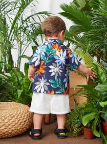 SHEIN 嬰兒男童休閒夏季假期植物圖案短袖襯衫和純色短褲套裝 - 彩色 - 查看 2