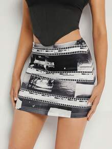 Hauture Photo Graphic Mini Bodycon Fashion Skirt - Multicolor - View 1