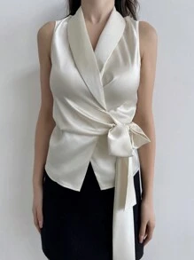 Firerie Camisa elegante con cuello en pico y cinturón anudable, ropa de oficina para dama - Caqui - Ver 3