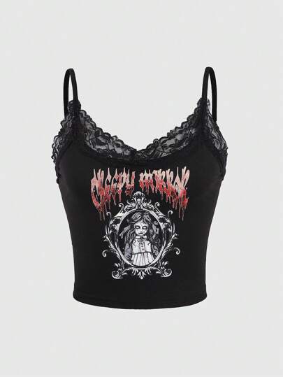 Goth Letter Figure Graphic Contrast Lace Cami Top, School