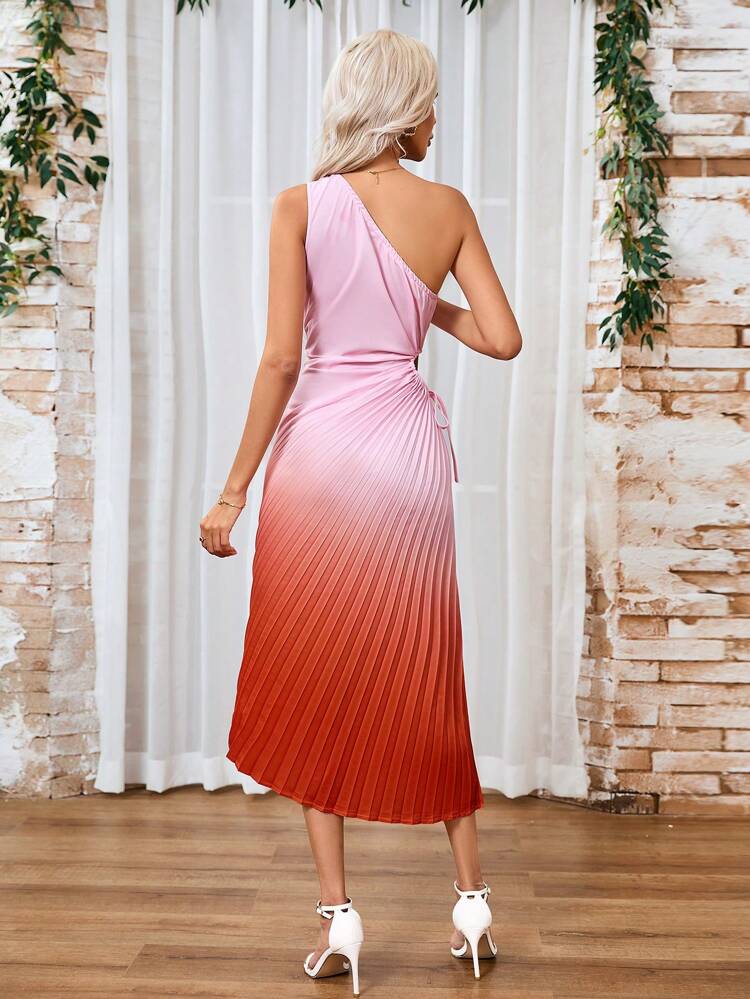 Women's One Shoulder Hollow Out Waist Pleated Knot Detail Dress With Tiered Hem  Music Festival