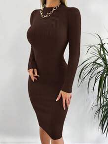 RueChic Women's Round Neck Long Sleeve Ribbed Sweater Dress - Brown - View 3