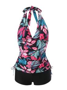 SHEIN Swim 女士植物印花露背分体泳衣，适合夏季、海滩、游泳 - 彩色 - 查看 4