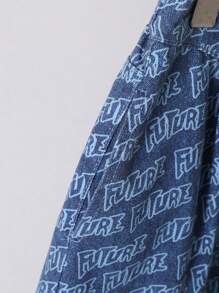 青少年男孩美式復古街頭休閒寬鬆牛仔短褲,全印花款式