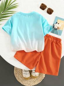 SHEIN 2入組休閒舒適簡約實用的年輕男孩服裝,漸變聚酯t恤與植物圖案及拼接短褲,透氣柔軟,適用於春夏假期與休閒時光 - 彩色 - 查看 4