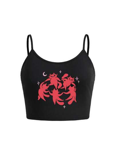 Emi Bee Artist Girlcore Plus Size Fitted Crop Top With Cat Print And Spaghetti Straps, For Summer, Holiday, Vacation, Beach, Going Out, Festival, Ibiza Fits Suitable For Going Out