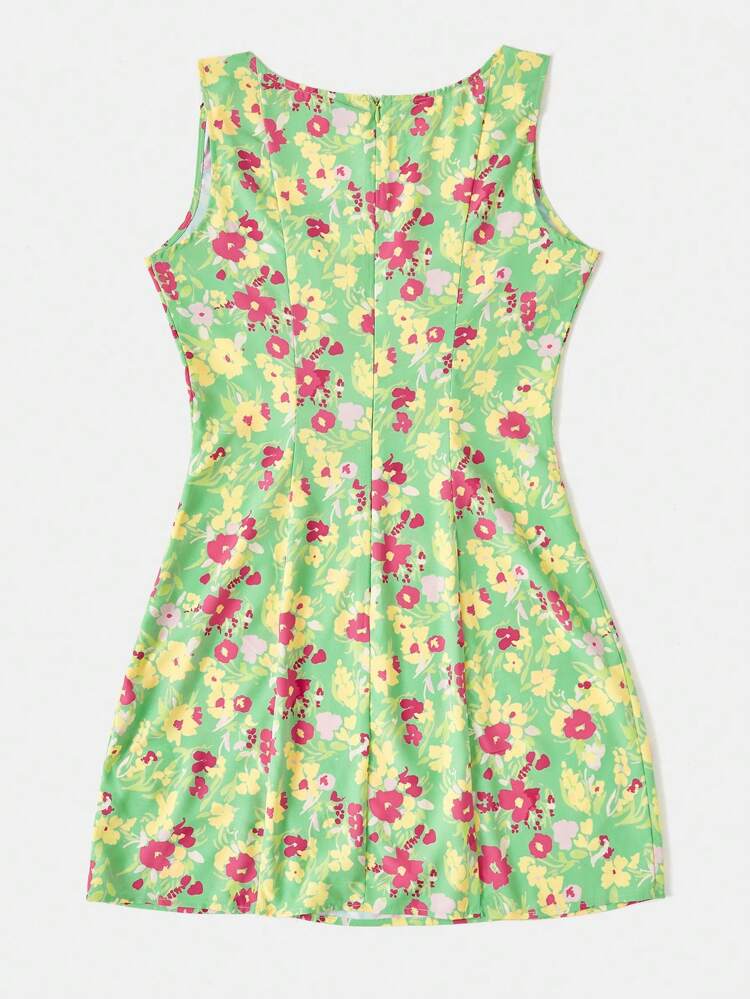 WYWH Women Vacation Style Red, Yellow & Green Ditsy Floral Split Hem Square Neck Backless Dress For Summer And Easter Day