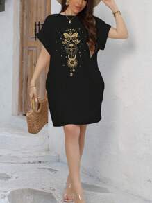 INAWLY Plus Size Butterfly Printed Batwing Sleeve Dress, For Summer - Black - View 6