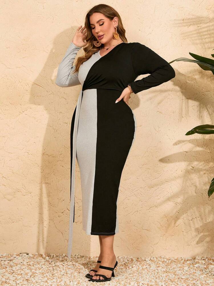 Plus Size Fashionable Color Block Wrap Dress With Knot Detail