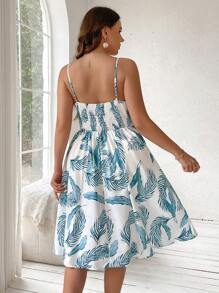 SHEIN LUNE Plus Size Boho Leaf Printed Empire Waist Strapless Dress, For Summer - Multicolor - View 6