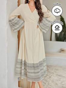 Al Najma Patchwork Striped V-Neck Flare Sleeve Dress - Apricot - View 2
