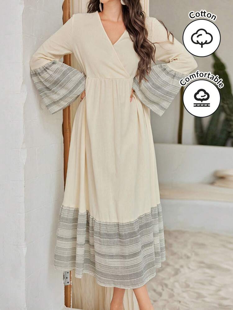 Patchwork Striped V-Neck Flare Sleeve Dress