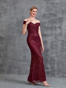 Của phụ nữ Off Shoulder Surplice cổ Kim sa Đầm Party - Màu Đỏ Sâu - Xem 6