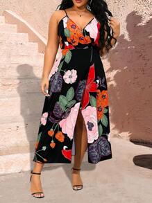 SHEIN Clasi 大碼花卉印花v領分裂式下擺細肩帶連身裙 - 彩色 - 查看 1