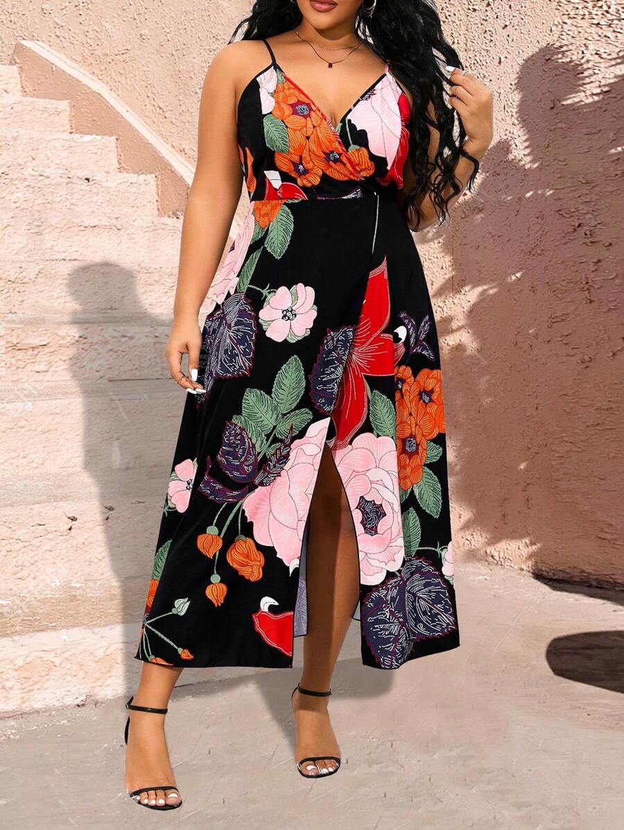 SHEIN Clasi 大碼花卉印花v領分裂式下擺細肩帶連身裙 - 彩色 - 查看 1