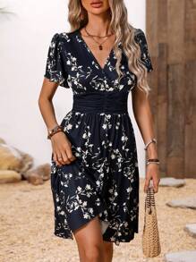 SHEIN VCAY Của phụ nữ In hoa Eo Xếp li Ruffle Ngắn tay Đầm - Nhiều màu - Xem 4