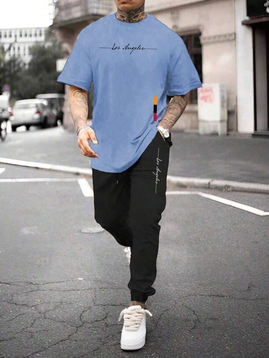 Manfinity Homme 男士加大碼字母印花短袖t恤搭配抽繩腰長褲套裝 - 彩色 - 查看 1