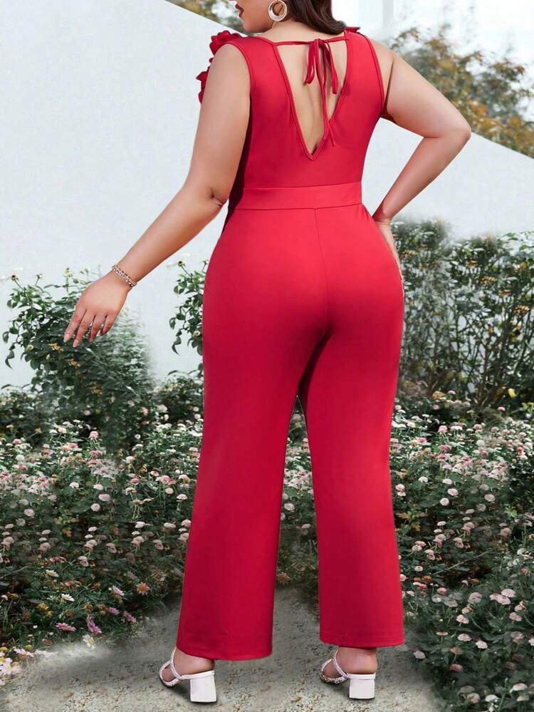 Plus Size Solid Color Multi Layered Frill Trim Jumpsuit