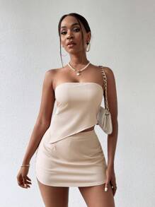 VaVaBold 純色不對稱裙擺無肩帶上衣和裙子