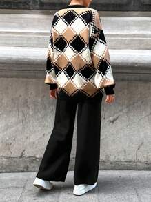 Cloudara Argyle Pattern Drop Shoulder Sweater & Knit Pants - Black - View 2