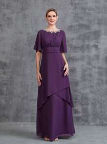 Women's Rhinestone Detail Short Sleeve Chiffon Party Dress - Purple - View 6