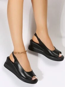 Elegantes Sandalias De Plataforma Con Tacón De Cuña Para Mujer, Sin Cordones, Negras, Perfectas Para Viajes, Vacaciones, Ocio, Suelas Gruesas Adecuadas Para Usar Al Aire Libre En Primavera O Verano - Negro - Ver 5