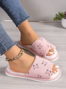 Pantuflas de gato rosa para mujer para otoño/invierno, pantuflas de casa abiertas y esponjosas, pantuflas suaves, cálidas y transpirables, ligeras para todas las estaciones - Rosa - Ver 3