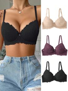 3pcs/Set Women's Lace Bra With Underwire