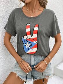 SHEIN LUNE Women's Striped And Star Gesture Printed Drop Shoulder Oversize T-Shirt - Grey - View 5