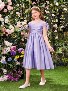 SHEIN Vestido De Malha Com Mangas Curtas E Gola Redonda Para Meninas Com Detalhes Em Malha, Tecido Metálico, Frente Plissada E Enfeite De Laço - Lavanda - Visão 5
