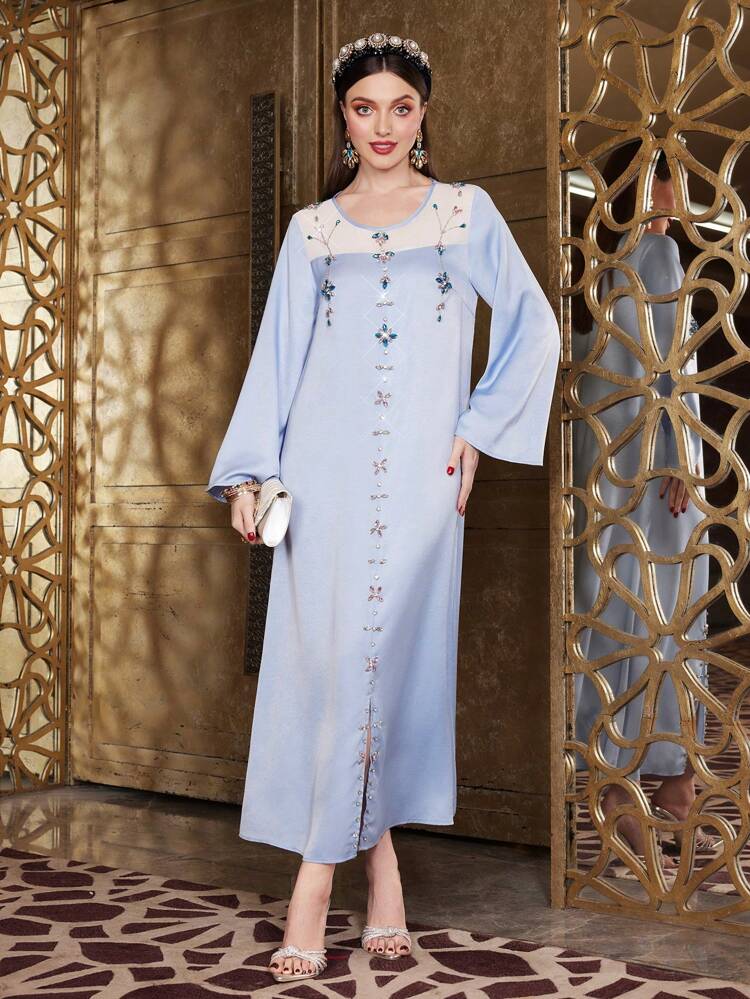 Loose Fit Mesh Splice Dress With Rhinestone Decorated Round Neckline Fall Cloth For Women