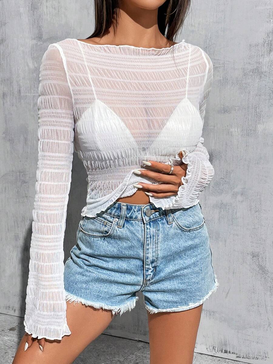 SHEIN EZwear 女款純色透明網紗喇叭袖上衣 - 白色 - 查看 1