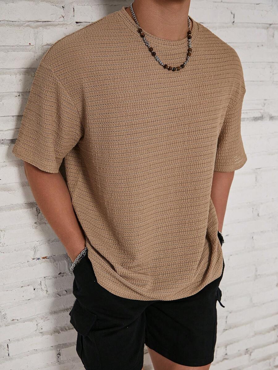 Manfinity Homme Men Solid Color Beach Plain Textured Short Sleeve T-Shirt, Boyfriend Gift, For Going Out, Holiday - Multicolor - View 1