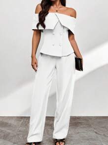 Firerie Women's Foldover Off Shoulder Double-Breasted Top And Long Pants Two Pieces Set