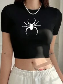 INAWLY Y2k Spider Print Casual T-Shirt
