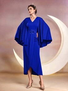 Modelyn Women's Solid Color Cape Wrap Dress Long Evening Dresses - Blue - View 6