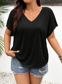 SHEIN Frenchy Plus Size V-Neck Batwing Sleeve T-Shirt