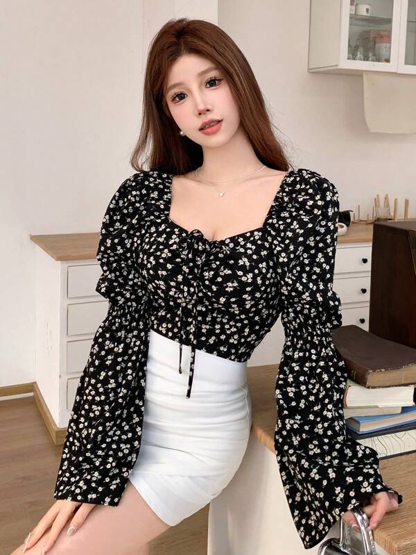 DAZY Floral Print Short Bell Sleeve Crop Top For Women With Tie And Pleats Summer
