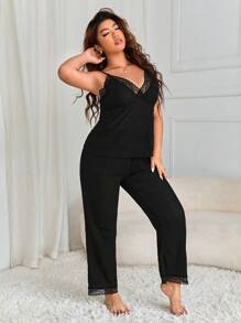 Plus Contrast Lace Cami Top & Trousers PJ Set - Black - View 4