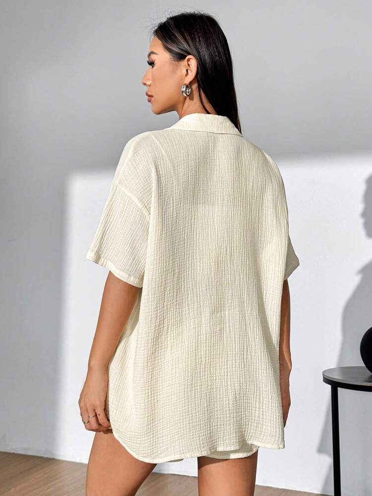 Women's Apricot Short Sleeve Shirt And Shorts Set