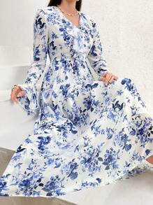 Modelyn Floral Printed Ruffle Hem Dress With Flare Sleeves Long Evening Dresses - Blue and White - View 7