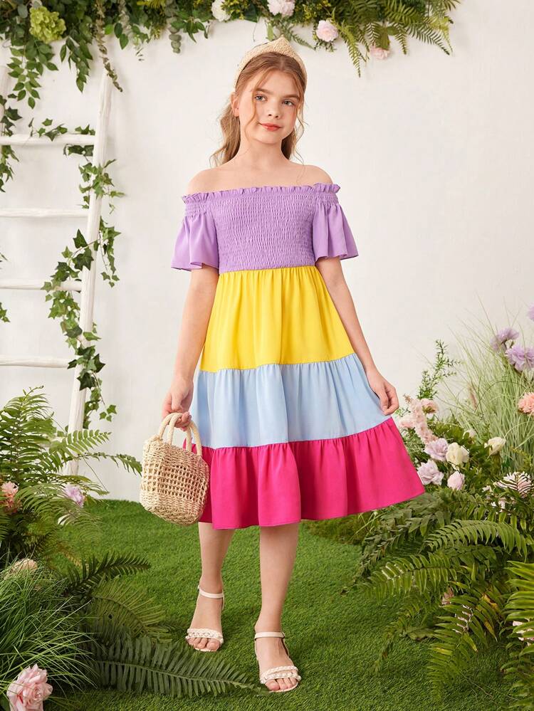 Tween Girls' Cute Casual Off-The-Shoulder Short Sleeve Ruffle Hem Contrast Color Midi Dress