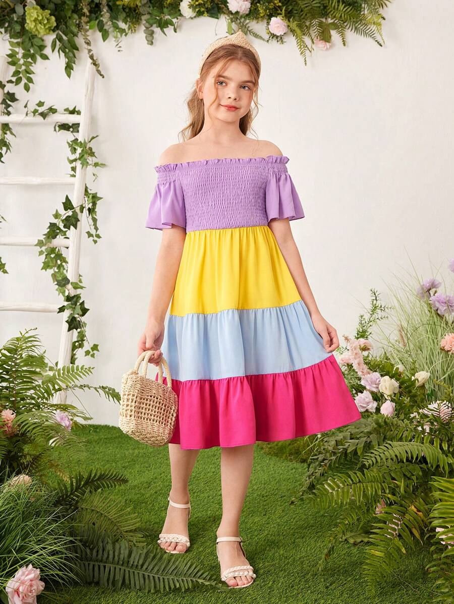 SHEIN Cô gái Tween Dễ thương Giải trí Bỏ khỏi vai Ngắn tay Xù Hoa Sen Tương phản Màu sắc Đầm Midi - Nhiều màu - Xem 1