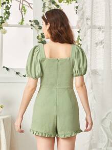 SHEIN Teen Girls' Cinching Waist Ruffle Trimmed Romper With Puff Sleeves - Green - View 2