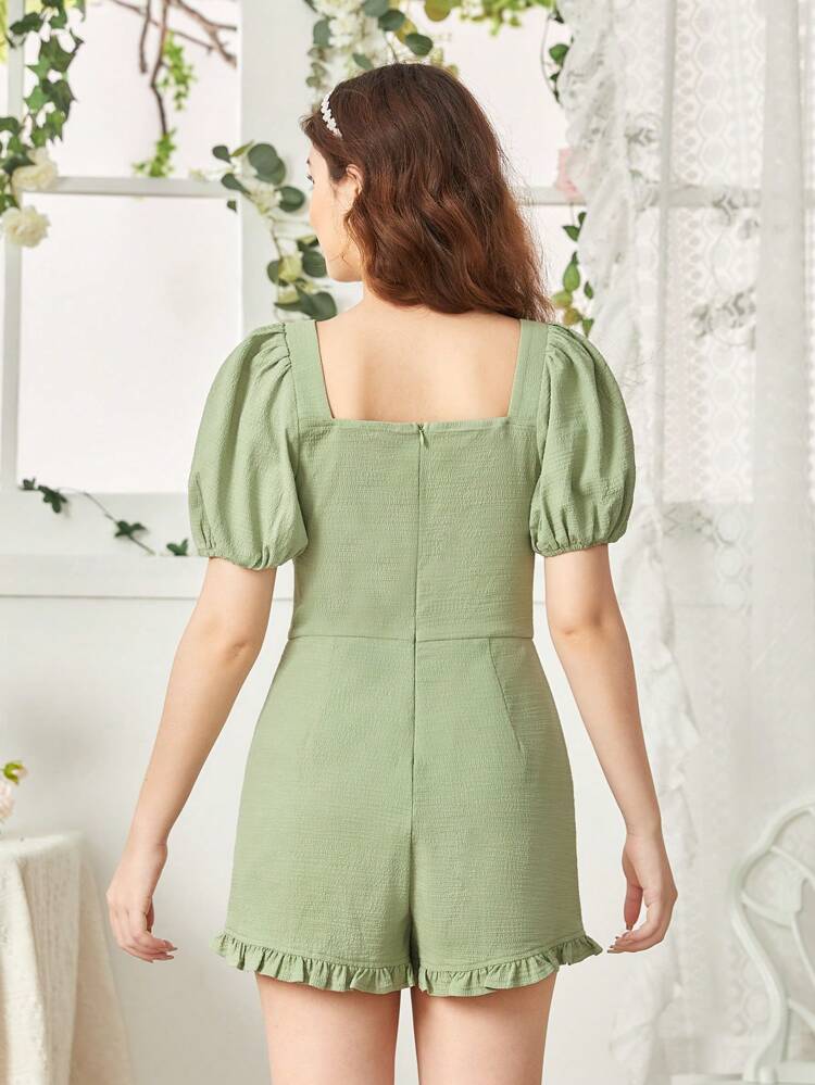 Teen Girls' Cinching Waist Ruffle Trimmed Romper With Puff Sleeves