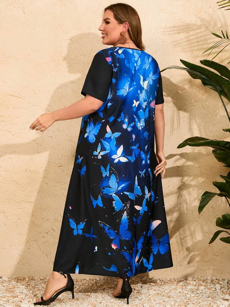 Plus Size Women's Butterfly Printed Round Neck Short Sleeve Arabian Clothing