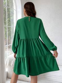 Calvaya Kích thước lớn Màu thuần Tay áo lồng đèn Đầm giản dị - Màu xanh lá cây đậm - Xem 3