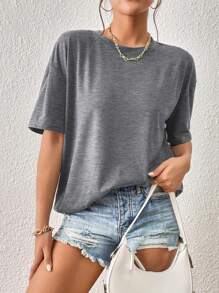 INAWLY 純色圓領休閒短袖t恤 - 灰色 - 查看 6